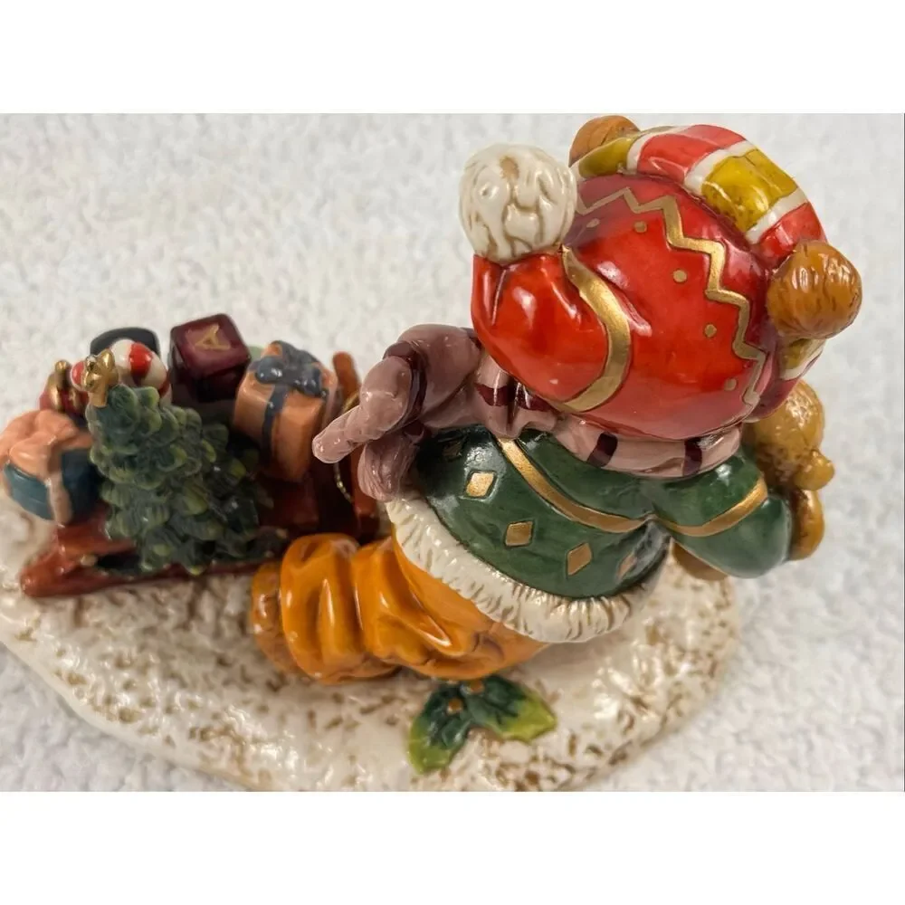 Christmas Teddy Bear Pulling Sled Porcelain Figure